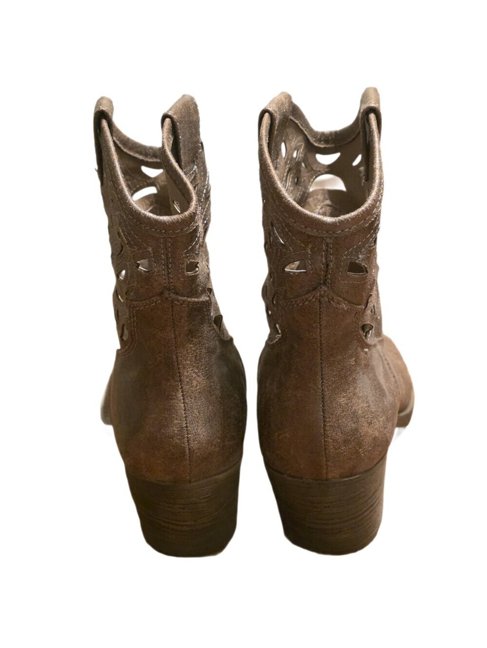 SO Laser Cutout Western Cowboy Ankle Boots Distressed Taupe Brown Booties 8 - Picture 4 of 11